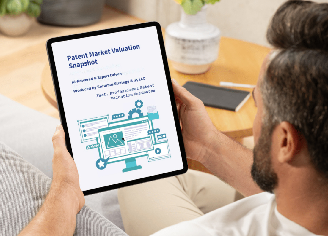 Patent Market Valuation Snapshot Sample Patent Market Valuation Snapshot displayed on a tablet